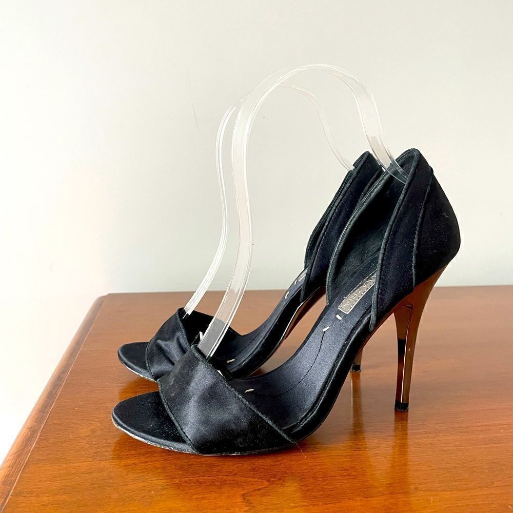 BCBGMaxAzria Black Satin and Leather Stiletto Heels